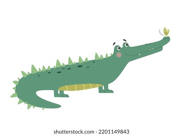 Cute funny crocodile. Beautiful smiling alligator looks at butterfly sitting on its nose. Design element for printing on fabric or paper. Cartoon flat vector illustration isolated on white background