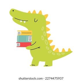 Cute funny crocodile with books flat icon. Vector illustration