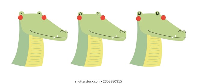 Cute funny crocodile faces illustrations set. Hand drawn cartoon character. Scandinavian style flat design, isolated vector. Kids print element, poster, card, wildlife, nature, baby animals