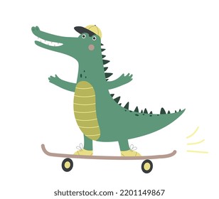 Cute funny crocodile. Smiling alligator teenager in cap rides skateboard. Design element for printing on fabric or children clothing. Cartoon flat vector illustration isolated on white background