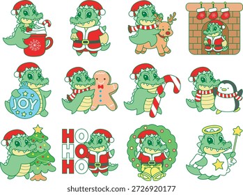 Ícone de adesivo de crocodilo engraçado bonito com tema de Natal. Crocodilo engraçado na variação da decoração de Natal 