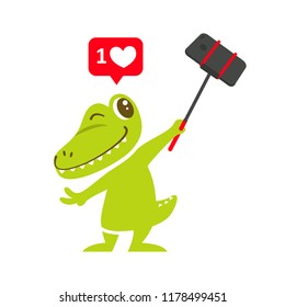 A cute funny crocodile taking selfie. Childish character with stick Monopod.