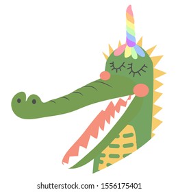 cute funny crocodile with a unicorn horn, Scandinavian style flat design. Concept for children print.