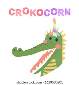 cute funny crocodile with a unicorn horn, Scandinavian style flat design. Concept for children print.