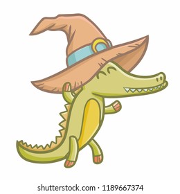 Cute and funny crocodile walking & wearing witch hat for Halloween - vector.