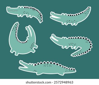 Cute and funny crocodiles in different poses set. Hand drawn African predator crocodile.