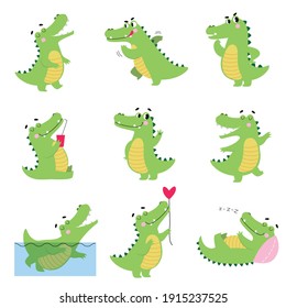 Cocodrilos divertidos en diferentes situaciones, divertidos lagartos Green Predator Cartoon Style Vector Ilustración