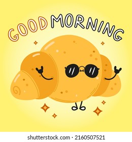 Cute funny croissant card. Vector hand drawn cartoon kawaii character illustration icon. Isolated on yellow background. Happy croissant character concept