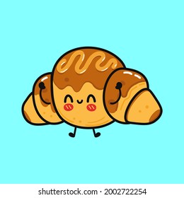 Cute funny croissant character. Vector hand drawn cartoon kawaii character illustration icon. Isolated on blue background. Сroissant character concept