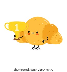 Cute funny croissant hold gold trophy cup. Vector hand drawn cartoon kawaii character illustration icon. Isolated on white background. Happy croissant with winner trophy cup
