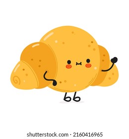 Cute funny croissant waving hand character. Vector hand drawn cartoon kawaii character illustration icon. Isolated on white background. Happy croissant character concept