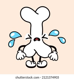 Cute funny cry sad bone character. Vector hand drawn traditional cartoon vintage,retro,kawaii,doodle character illustration icon. Isolated white background. Bone health,kids,medicine