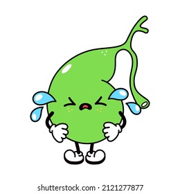 Curioso grito triste personaje de la vesícula biliar. Dibujo a mano del vector tradicional de dibujos animados, retro, kawaii,ícono de ilustración del personaje del doodle. Fondo blanco aislado. Salud de la vesícula biliar, niños, medicina