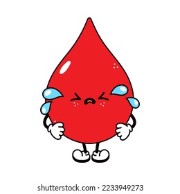 Carácter gracioso llorando triste y triste de gota de sangre. Dibujo a mano del vector tradicional de caricatura vintage, retro, kawaii icono de ilustración del personaje. Fondo blanco aislado. Concepto de personaje de gota de sangre en el grito