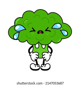 Cute Funny Crying Sad Broccoli Character. Vector Hand Drawn Traditional Cartoon Vintage,retro, Kawaii Character Illustration Icon. Isolated White Background. Cry Broccoli Cabbage Emoji,child,adorable