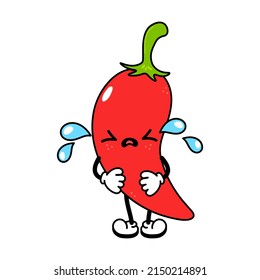 Cute funny crying sad chili pepper character. Vector hand drawn traditional cartoon vintage,retro, kawaii character illustration icon. Isolated white background. Cry chili pepper emoji,child,adorable