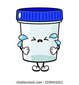 Curioso llanto triste análisis de recipientes orina personaje de heces. Dibujo manual del vector tradicional caricatura vintage retro kawaii icono de ilustración del personaje. Concepto de carácter de análisis de contenedor de llanto