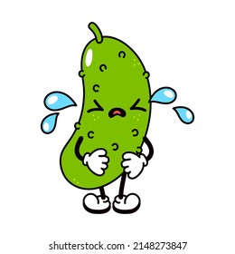 Cute funny crying sad cucumber character. Vector hand drawn traditional cartoon vintage,retro, kawaii character illustration icon. Isolated white background. Cry cucumber emoji,child,adorable,kids