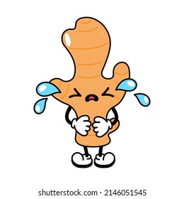 Cute funny crying sad ginger character. Vector hand drawn traditional cartoon vintage,retro, kawaii character illustration icon. Isolated white background. Cry ginger emoji,child,adorable,kids.food