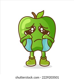 Cute funny crying sad green apple character.