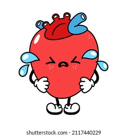 Cute Funny Crying Sad Heart Character. Vector Hand Drawn Traditional Cartoon Vintage, Retro, Kawaii Character Illustration Icon. Isolated White Background. Cry Heart Emoji,child,adorable,kids 