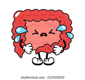 Cute funny crying sad intestines character. Vector hand drawn traditional cartoon vintage, retro, kawaii character illustration icon. Isolated on white background. Crying intestines character concept