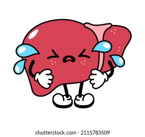 Cute funny crying sad liver character. Vector hand drawn traditional cartoon vintage,retro, kawaii character illustration icon. Isolated white background. Cry liver emoji,child,adorable,kids concept