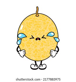 Curioso personaje de melón triste y triste. Dibujo a mano del vector tradicional de caricatura vintage, retro, kawaii icono de ilustración del personaje. Aislado sobre fondo blanco. Concepto del personaje del melón de grito