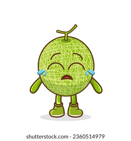 Cute funny crying sad melon fruit character.