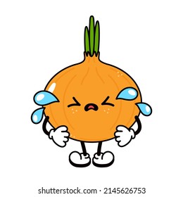 Cute funny crying sad onion character. Vector hand drawn traditional cartoon vintage,retro, kawaii character illustration icon. Isolated white background. Cry onion emoji,child,adorable,kids concept