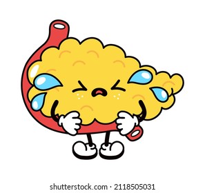 Cute funny crying sad pancreas character. Vector hand drawn traditional cartoon vintage,retro, kawaii character illustration icon. Isolated white background. Cry pancreas emoji,adorable,kids concept