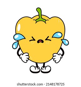 Cute funny crying sad pepper character. Vector hand drawn traditional cartoon vintage,retro, kawaii character illustration icon. Isolated white background. Cry pepper emoji,child,adorable,kids.food