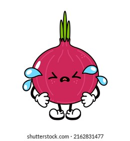 Cute funny crying sad red onion character. Vector hand drawn traditional cartoon vintage, retro, kawaii character illustration icon. Isolated on white background. Crying onion character concept