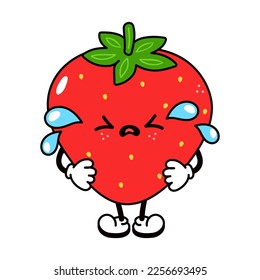 Cute funny crying sad Strawberry character. Vector hand drawn traditional cartoon vintage, retro kawaii character illustration icon. Isolated white background. Crying Strawberry character concept