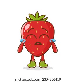 Cute funny crying sad strawberry fruit character.