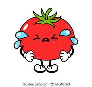 Cute funny crying sad tomato character. Vector hand drawn traditional cartoon vintage,retro, kawaii character illustration icon. Isolated white background. Cry tomato emoji,child,adorable,kids concept