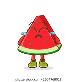 Cute funny crying sad watermelon fruit character.