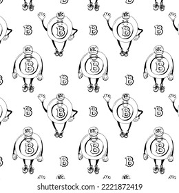 Cute funny Crypto coin character seamless pattern with black coins isolated on white background.Vector hand drawn cartoon kawaii character illustration icon.Crypto finance,digital coin currency