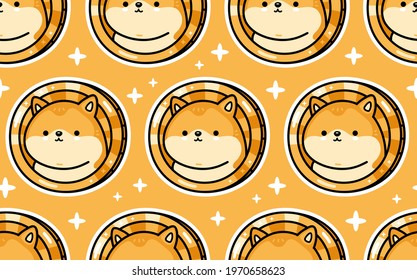 Cute funny Crypto dogecoin character seamless pattern.Vector hand drawn cartoon kawaii character illustration icon.Crypto finance,digital doge coin currency,dogecoin doodle character pattern concept