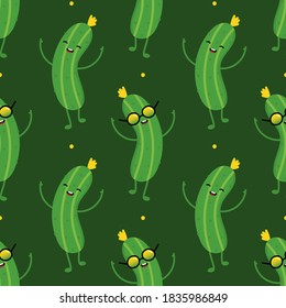 Cute and funny cucumber cartoon characters smiling, having fun, dancing. Vector seamless pattern background.