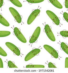 Cute and funny cucumber cartoon characters smiling, having fun, dancing. Vector seamless pattern background.