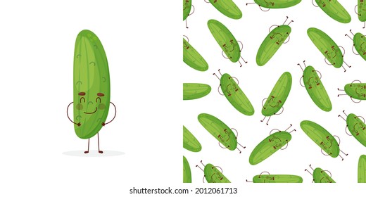 Cute and funny cucumber cartoon characters smiling, having fun, dancing. Vector seamless pattern background.