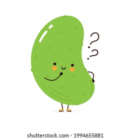Cute funny cucumber character with question marks. Vector hand drawn cartoon kawaii character illustration icon. Isolated on white background. Cucumber cartoon character concept