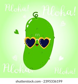 Cute funny Cucumber character. Vector hand drawn cartoon kawaii character illustration icon. Isolated on green background. Cucumber character concept. Aloha card