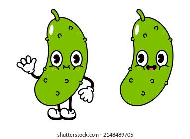 Cute funny cucumber character.Vector hand drawn traditional cartoon vintage,retro, kawaii character illustration icon. Isolated white background. Cucumber emoji,child,adorable,kids concept