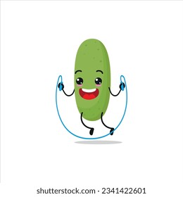 Cute and funny cucumber doing jumping rope. Vegetable doing fitness or sports exercises. Happy character working out vector illustration.