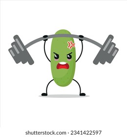 Cute and funny cucumber doing weightlifting. Vegetable doing fitness or sports exercises. Happy character working out vector illustration.