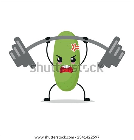 Cute and funny cucumber doing weightlifting. Vegetable doing fitness or sports exercises. Happy character working out vector illustration.