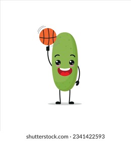 Cute and funny cucumber play basketball. Vegetable doing fitness or sports exercises. Happy character working out vector illustration.