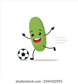 Cute and funny cucumber play football. Vegetable doing fitness or sports exercises. Happy character soccer working out vector illustration.